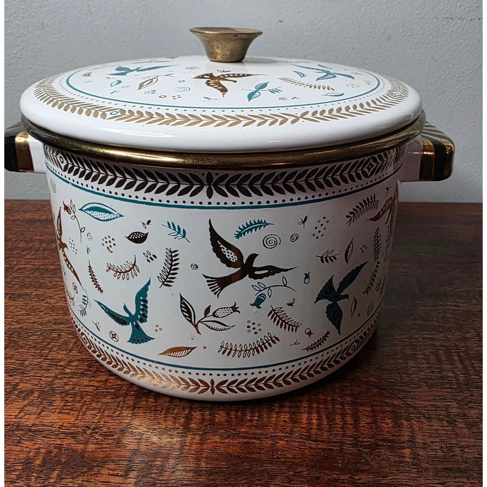 vtg Georges Briard Birds of Paradise CHAFING DISH enamelware mcm enamel pot pan